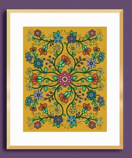 Framed artwork with colorful floral design on a yellow background