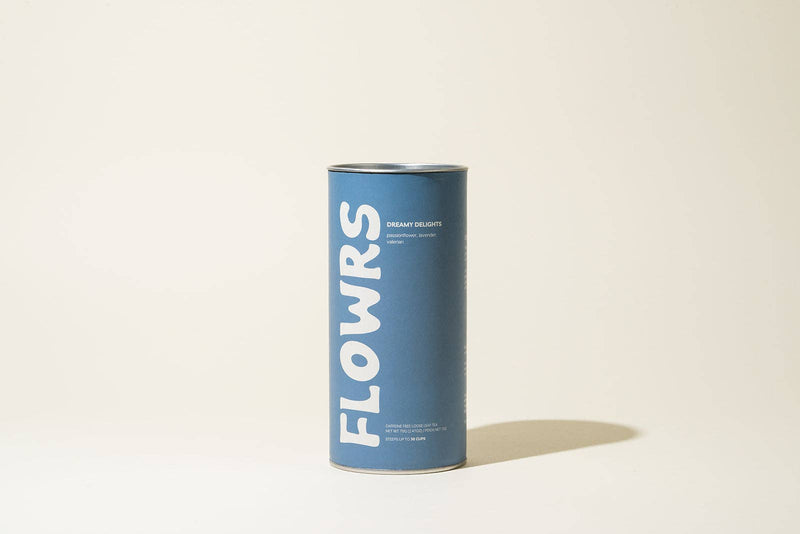 Blue cylindrical container with 'FLOWRS' branding on a beige background