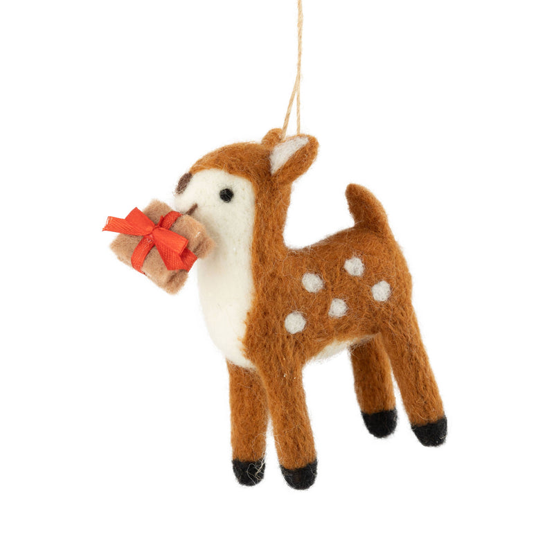 Felted deer ornament holding a red gift box on a white background