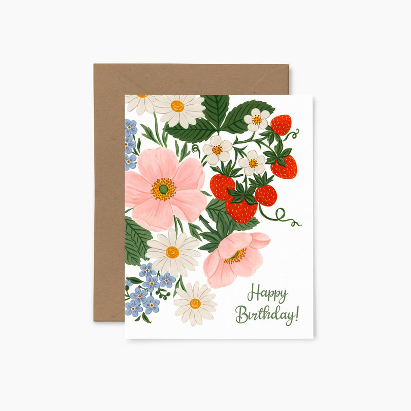 Floral birthday card with strawberries and 'Happy Birthday!' text on a white background