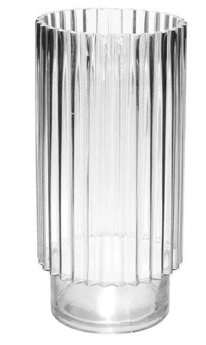 Clear glass vase with vertical ribbing on a white background
