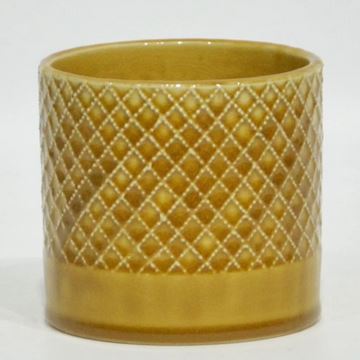 Yellow ceramic planter with textured pattern on a white background