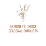 A logo depicting a hand-tied seasonal bouquet with the text 'DESIGNER'S CHOICE SEASONAL BOUQUETS'.