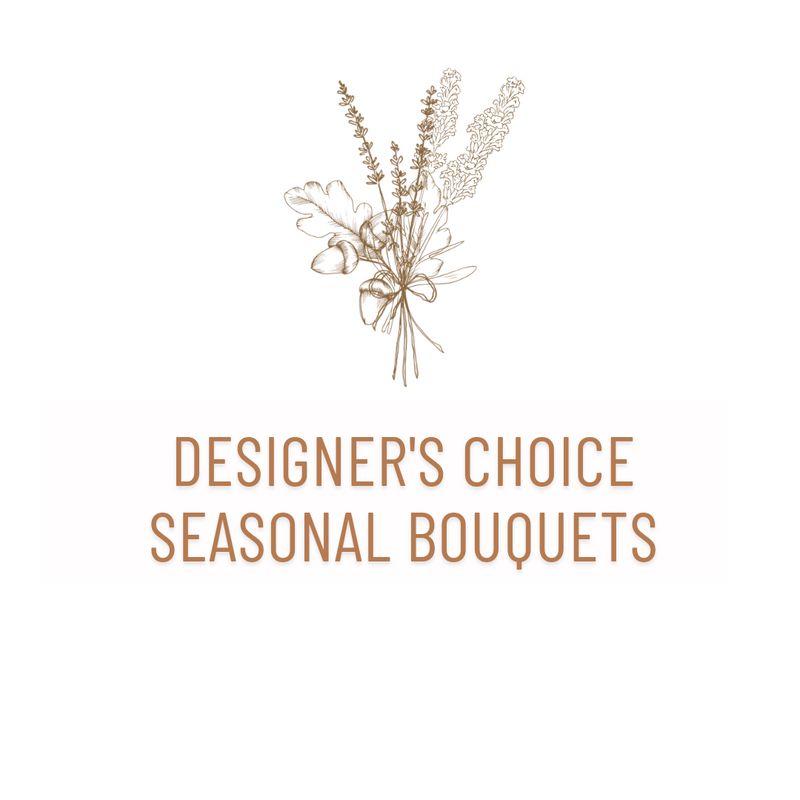 A logo depicting a hand-tied seasonal bouquet with the text 'DESIGNER'S CHOICE SEASONAL BOUQUETS'.