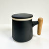 Black mug with a wooden handle on a white background