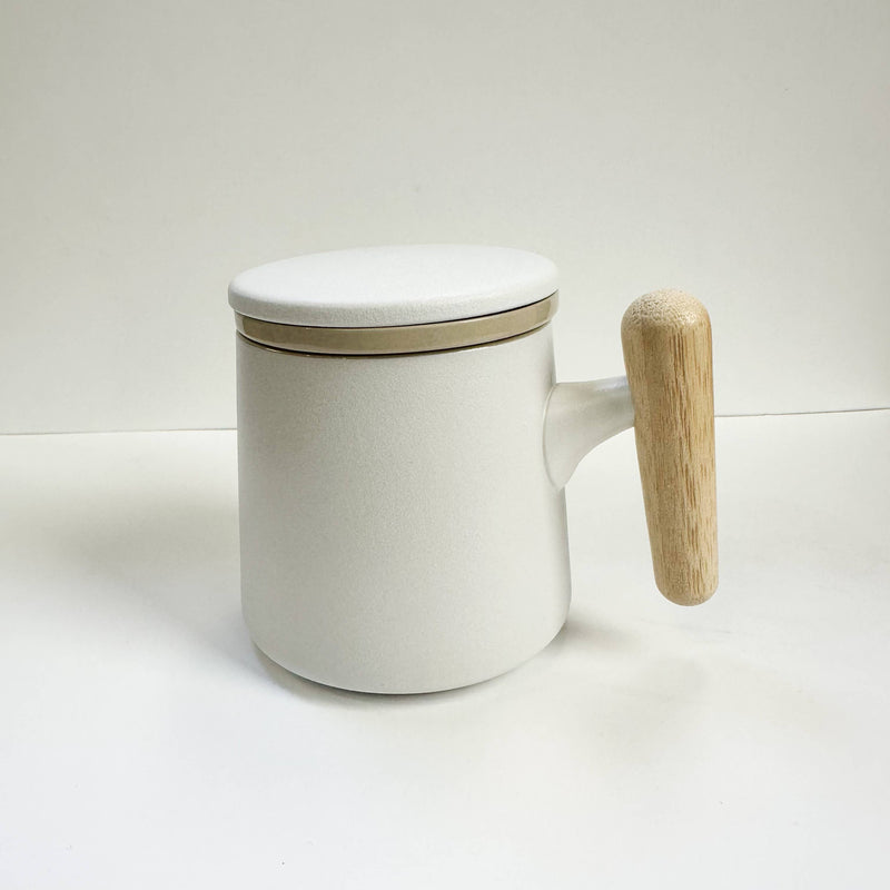 White mug with a wooden handle and lid on a white background