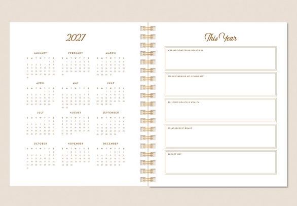 Calendar and planning pages from a planner with a beige background