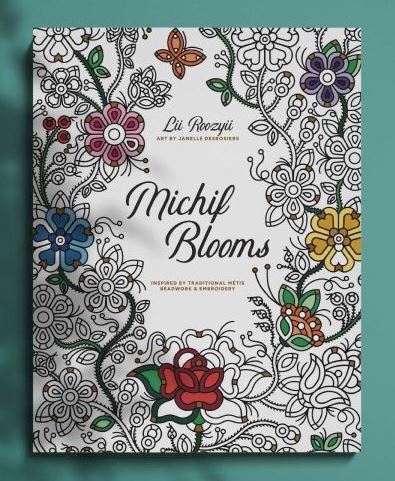 Coloring book titled 'Michif Blooms' with floral designs on a teal background