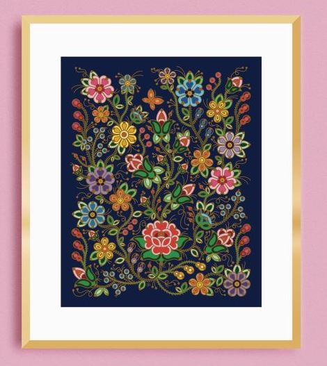 Framed artwork with colorful floral pattern on a pink background