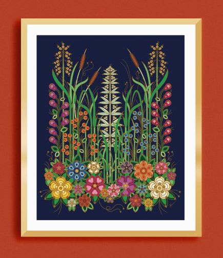Framed artwork of colorful floral and grass design on a dark blue background